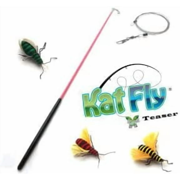 Kat Fly Teaser Wand with 3 Bee Cat Teasers Attachment Refills - Pink Wand