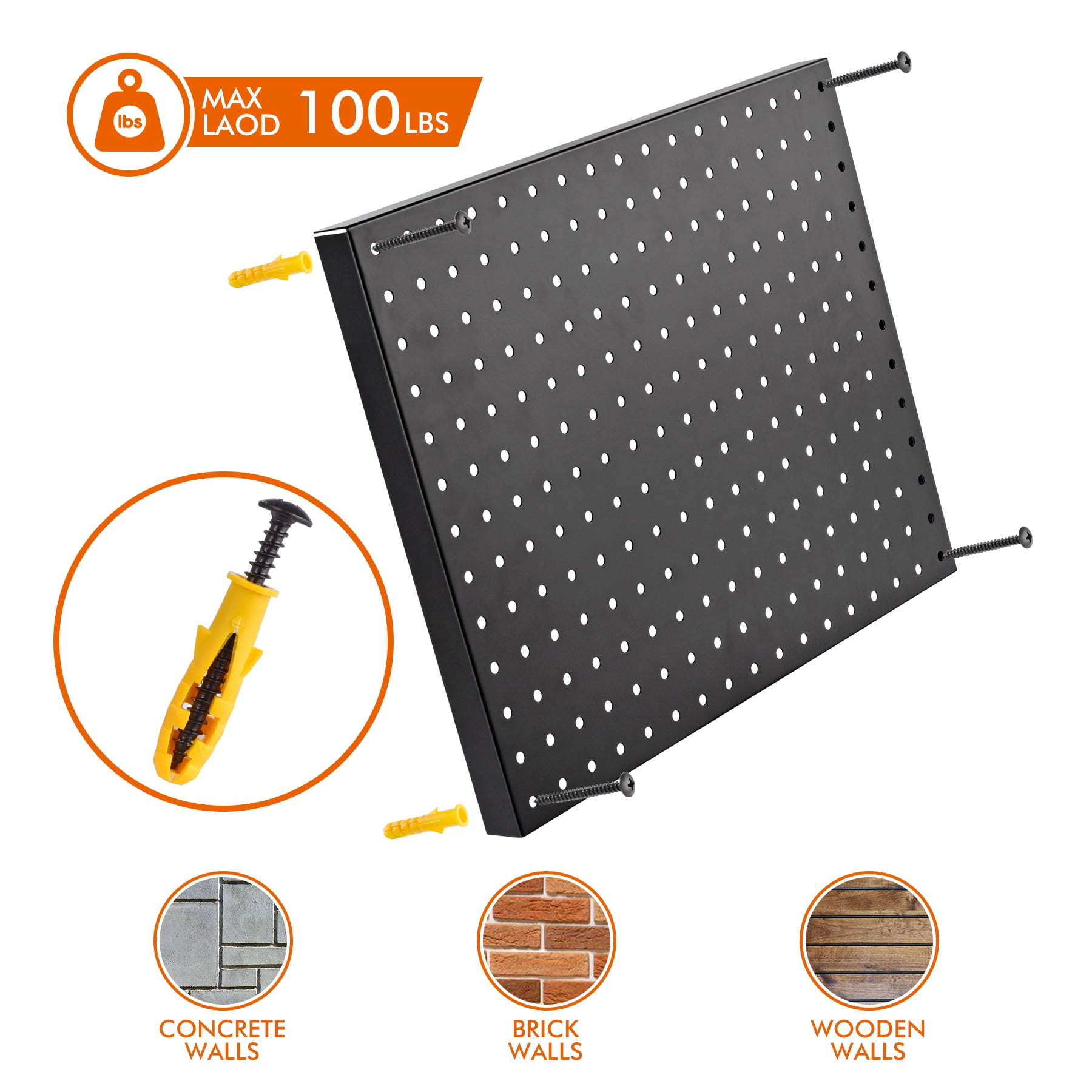 Heavy Duty Metal Pegboard Organizer - Wall Storage Steel Peg Board Panels Set 1/4 inch Round Holes 17"x13" 4 Pack Garage Craft Tool Display Hanging Rack Organization Black Kit with Mounting Hardware