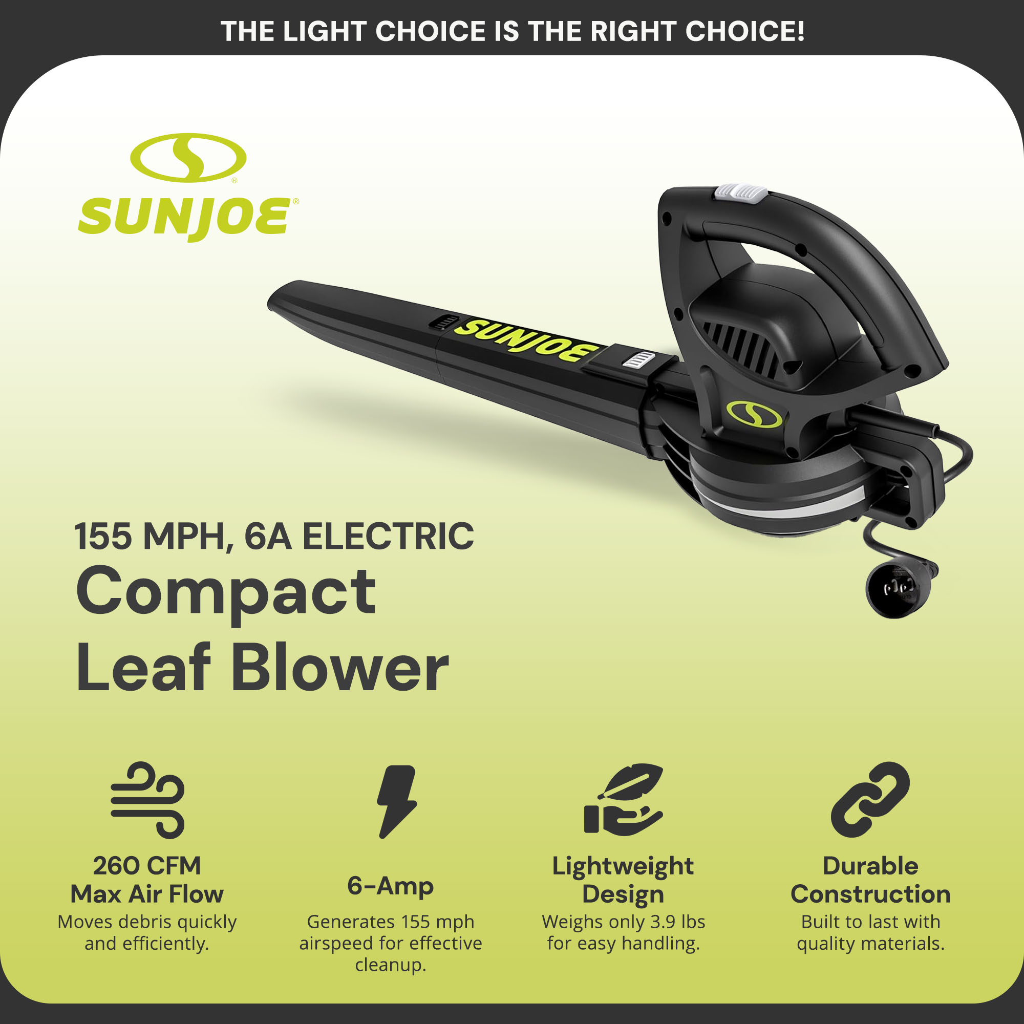Sun Joe 6-Amp Corded Electric Leaf Blower, 155 MPH, Black photo 2
