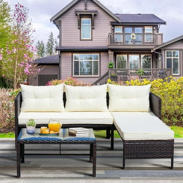 Segmart Outdoor Patio Sofa Furniture Sets, All-Weather 3-Piece Brown Wicker PE Rattan Chaise Longue Conversation Sets with Tempered Glass Table, Beige Cushions, 300lbs, Beige, S8520