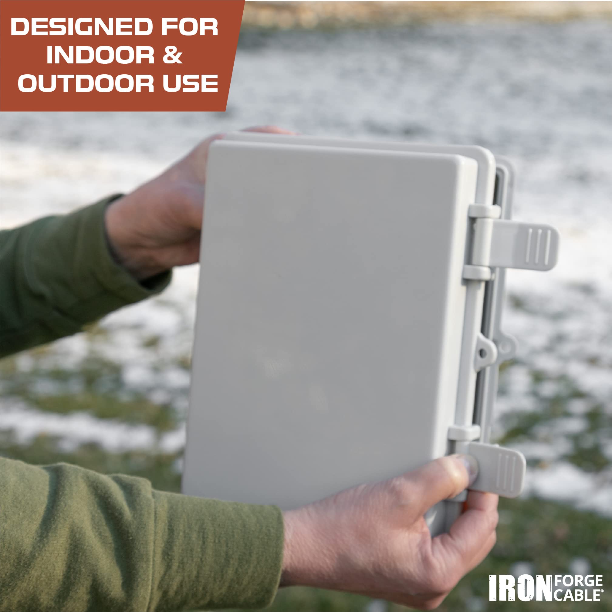Iron Forge Cable Waterproof Junction Box - Outdoor Electrical Enclosure - Plastic Project Boxes with Mounting Plate, Wall Brackets, Weatherproof Hinged Grey Panel Cover - IP65-9x7 Inch