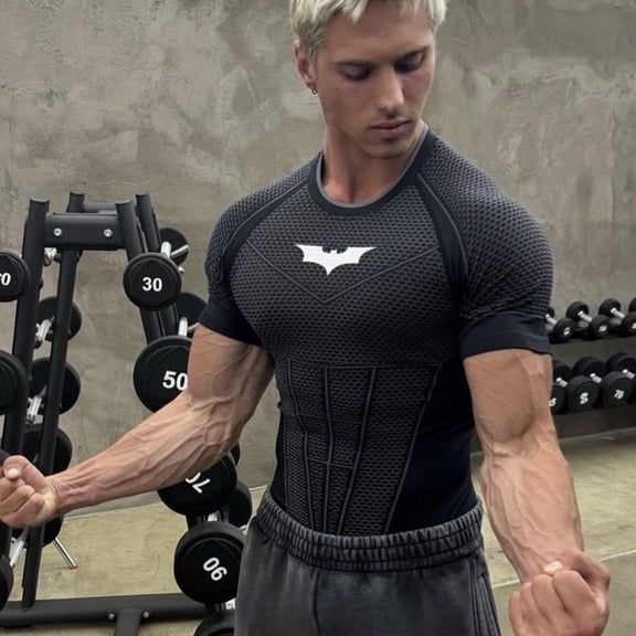 Men's Bat Insignia Athletic Compression Short Sleeve Shirt, Breathable Quick Dry Gym Workout Top, Stretch Performance Sportswear