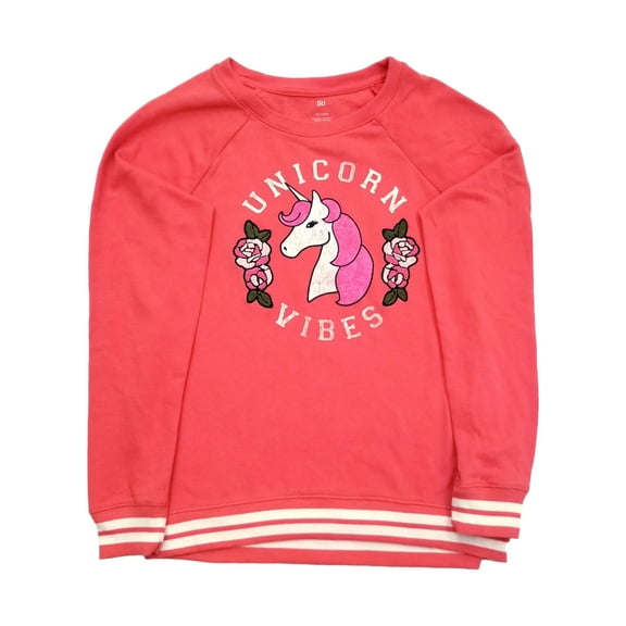 Girls Coral Orange Pink Unicorn Vibes Flowers Sweatshirt Top Large 10-12