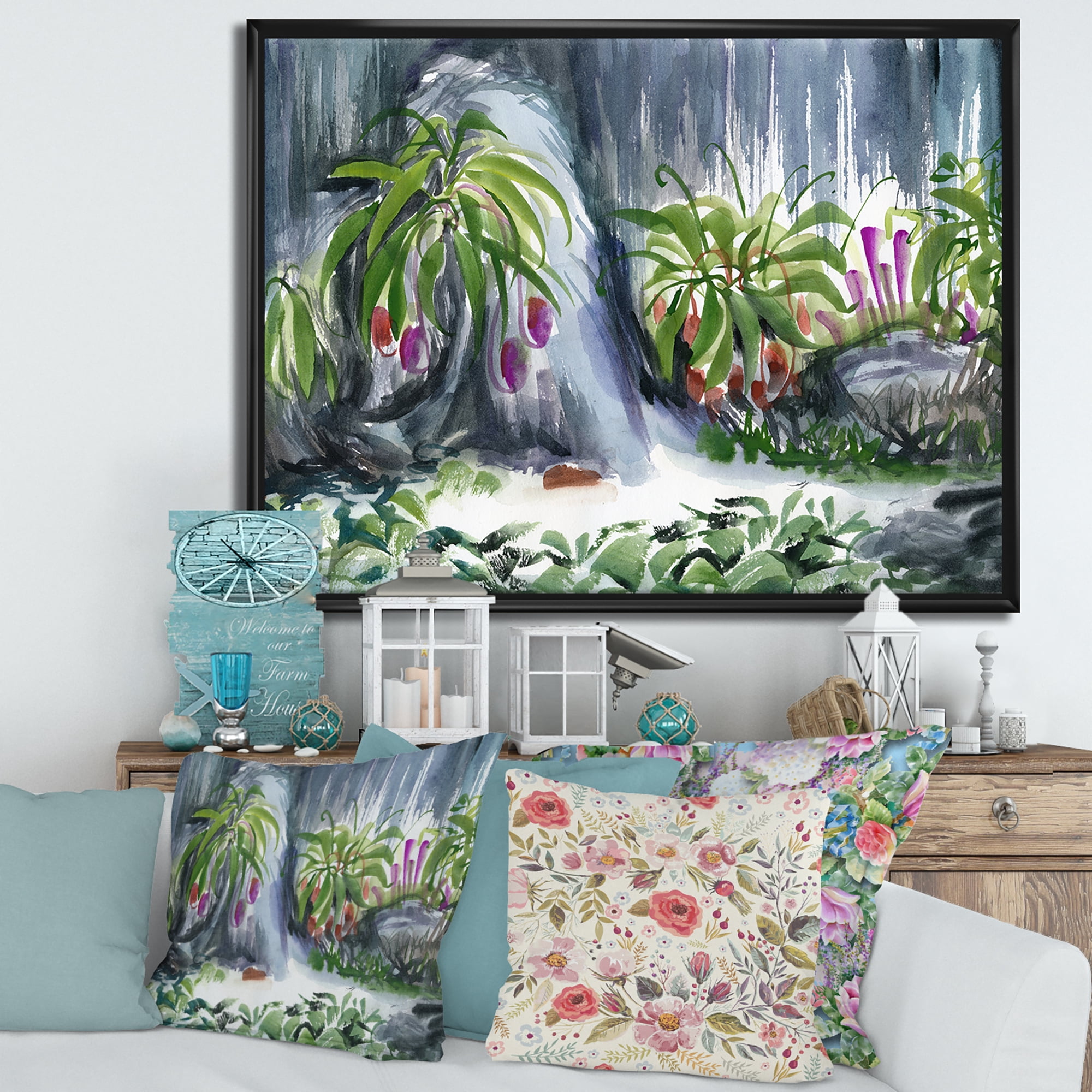 Designart 'Abstract Tropical Plants Oasis' Farmhouse Framed Canvas Wall Art Print