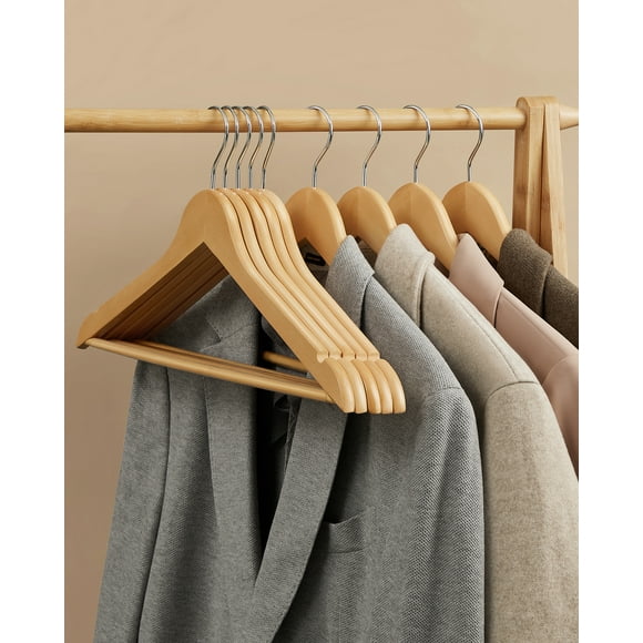 SONGMICS Percha de Madera Maciza, Juego de 20, con Ranuras, Barra Antideslizante, Gancho 360°, para Trajes, Abrigos, Natural y Oro Rosa
