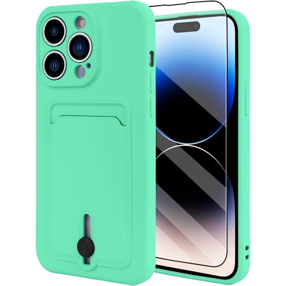 TPU Wallet iPhone 14 Pro Max Case, Card Holder Camera Protection Cover   Screen Protector, Push-able Card Slot Case Compatible with iPhone 14 Pro Max Phone Case Girls Women -Green