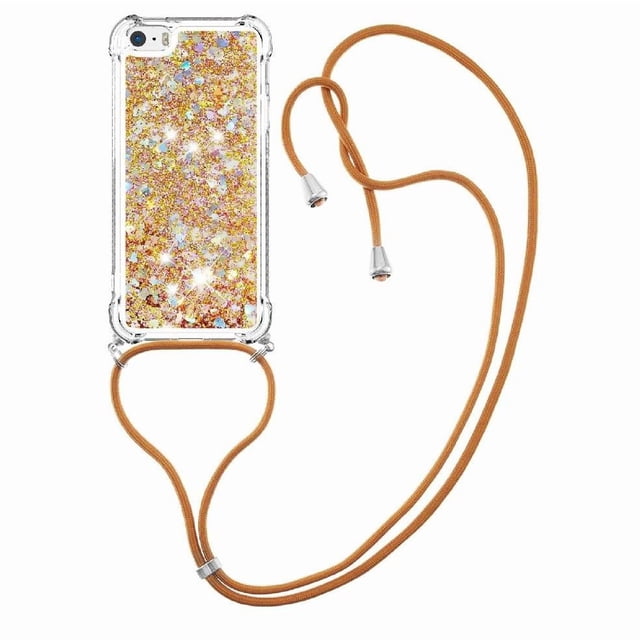 Funda FOXDOCK para iPhone 5/5s con Cuerda Ajustable, Brillo Líquido, Protección Antigolpes y Lente – Ideal para Regalo