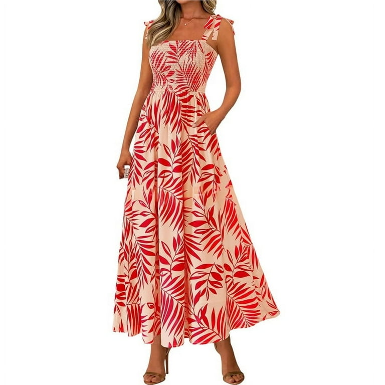 Womens Summer Dresses Floral Sleeveless Smocked Maxi Dress Boho Spaghetti Strap A Line Flowy Beach Long Sundress Red XXL - Walmart.com Womens Summer Dresses Floral Sleeveless Smocked Maxi Dress Boho Spaghetti Strap A Line Flowy Beach Long Sundress Red XXL - Walmart.com