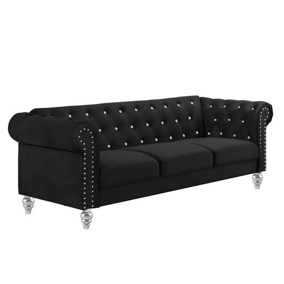 Pemberly Row Contemporary Crystal Velvet Fabric Sofa in Black