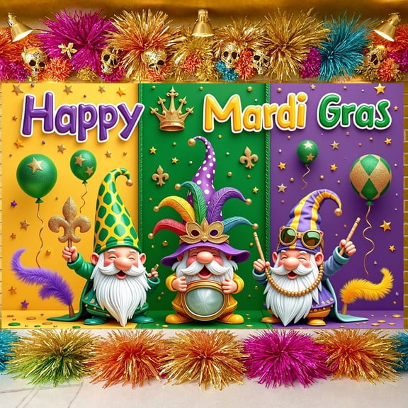 Colorful Mardi Gras Banner Golden Crown Carnival Display Fleur-de-lis Pattern Jester Hats Happy Mardi Gras Backdrop for Mardi Gras Party Festival Celebration Indoor Decoration