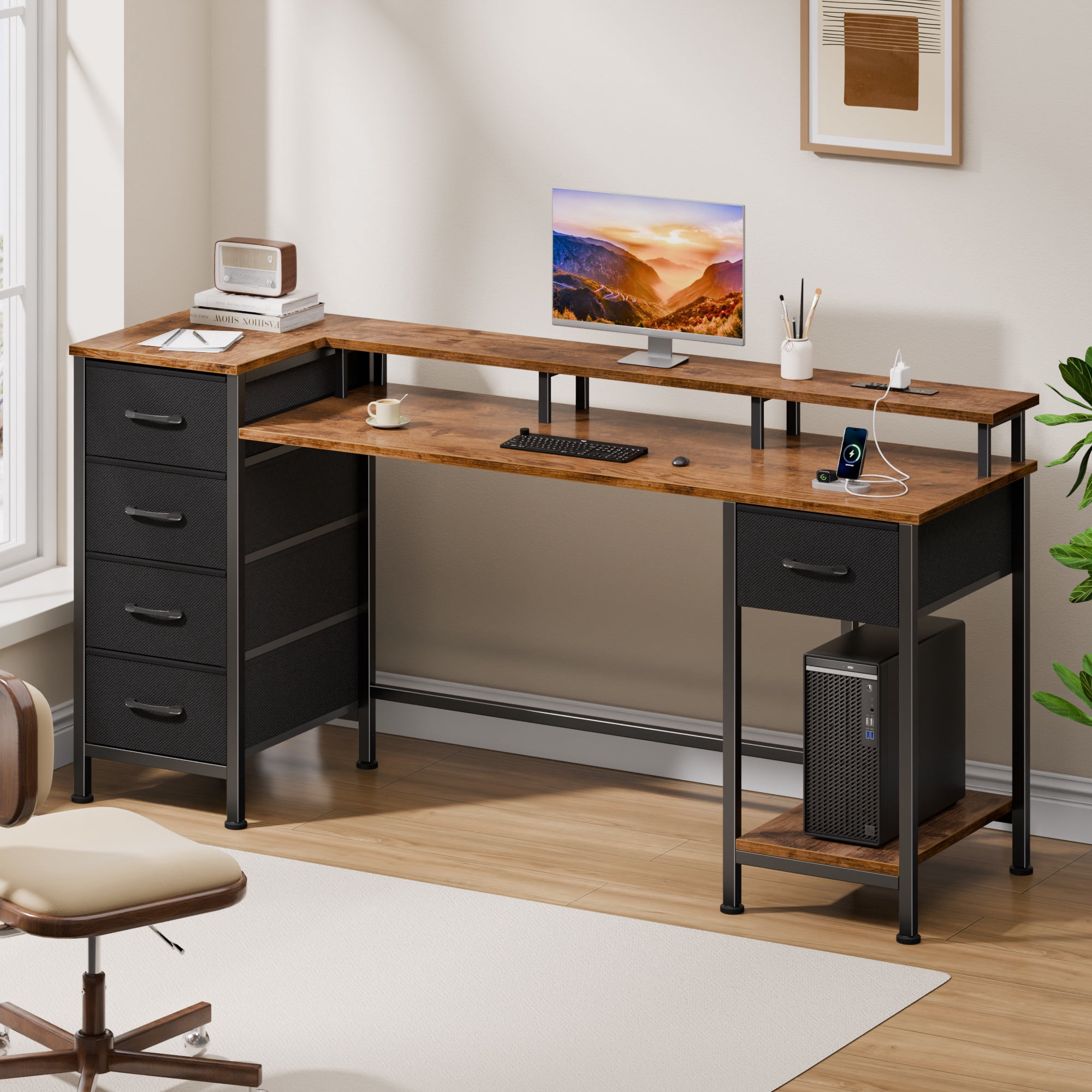 Satifur Gaming Desk with LED Lights & Power Outlets, 55" Computer Desk with 5 Fabric Drawers & Open Storage, Reversible Home Office Desk,retro Brown
