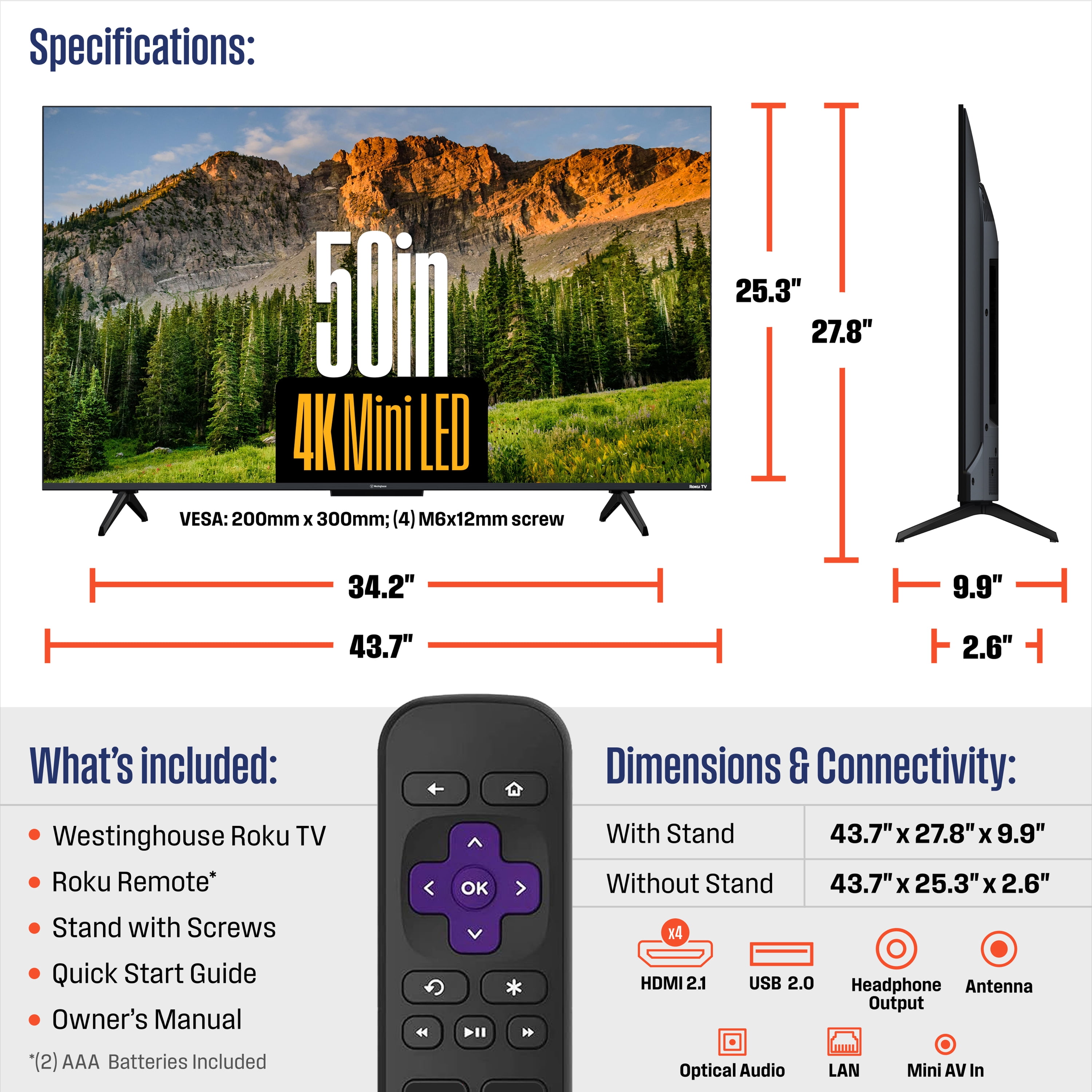 Westinghouse 50” Mini-LED 4K UHD Roku TV, Dolby Vision HDR, QLED Quantum Color, Local Dimming, MEMC Motion, HomeKit