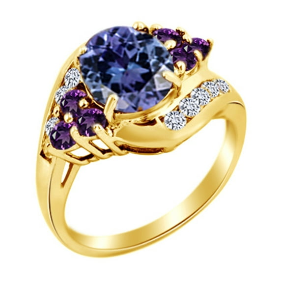 AFFY Simulated Tanzanite, Amethyst & White Topaz Wedding Ring in 14k Yellow Gold Over Sterling Silver Ring Size - 6