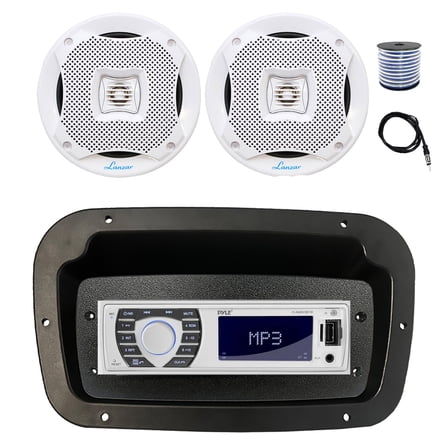 Pyle PLRMR23BTW Single DIN Bluetooth Marine MP3 Stereo Receiver, Spa bezel, Adapter Plate, 22" Radio Antenna, Wire, 2x 6.5" 400W Max 2-Way Water Resistant Audio Speakers (White)