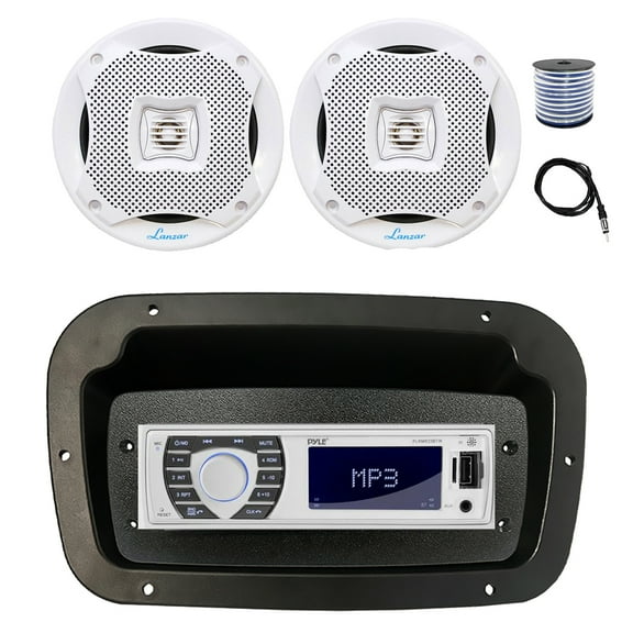 Pyle PLRMR23BTW Single DIN Bluetooth Marine MP3 Stereo Receiver, Spa bezel, Adapter Plate, 22" Radio Antenna, Wire, 2x 6.5" 400W Max 2-Way Water Resistant Audio Speakers (White)