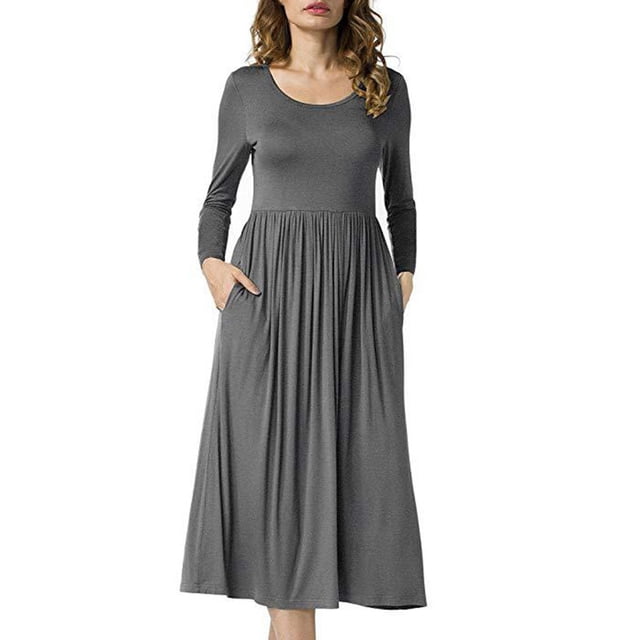 Vestido de mujer con cuello redondo hasta la rodilla, vestido de manga larga, vestido ajustado de manga larga, vestido plisado de manga larga, durabilidad prolongada