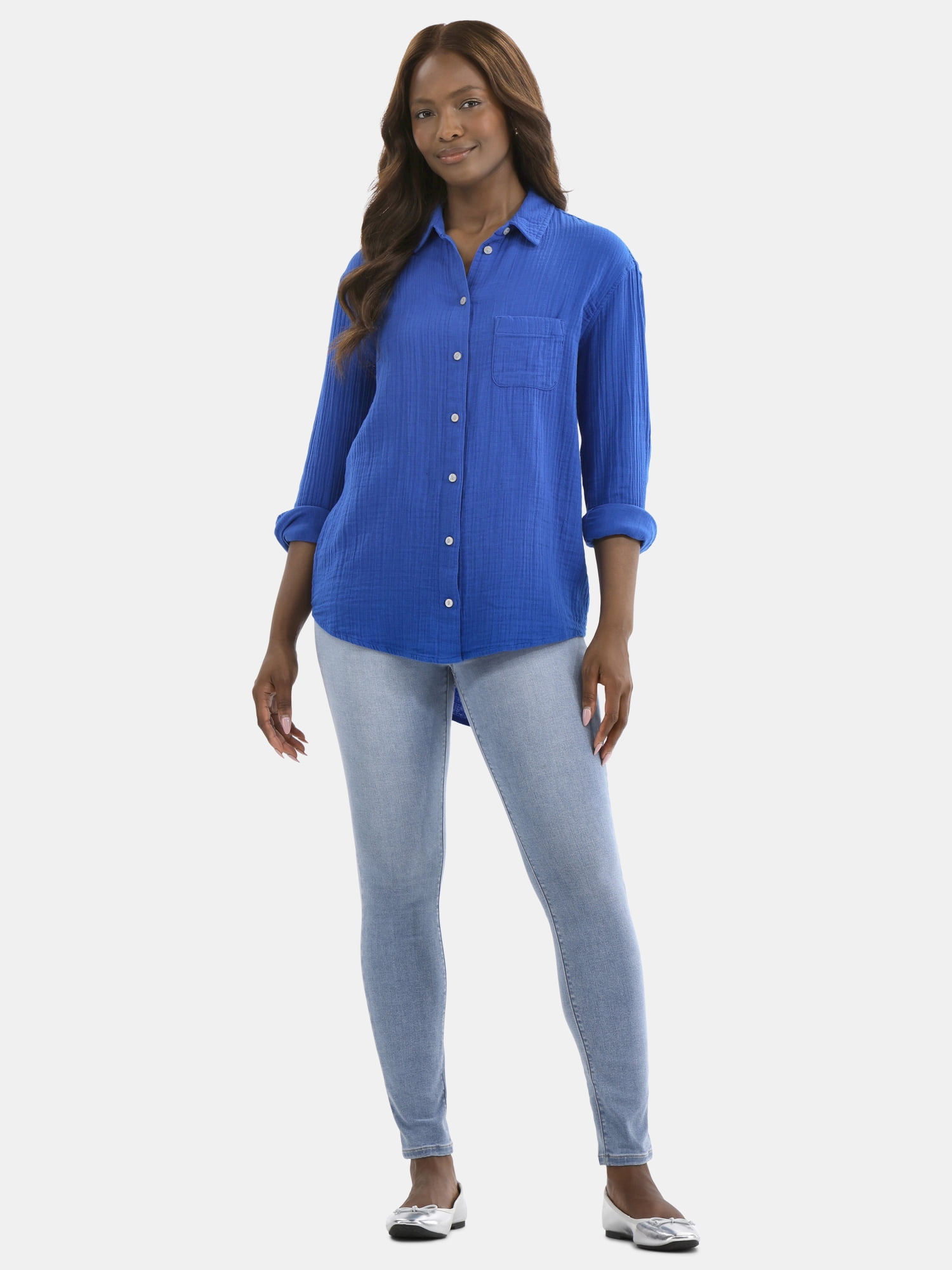 Time and Tru Women's Double Cloth Cotton Shirt with Long Sleeves, Sizes XS-XXXL