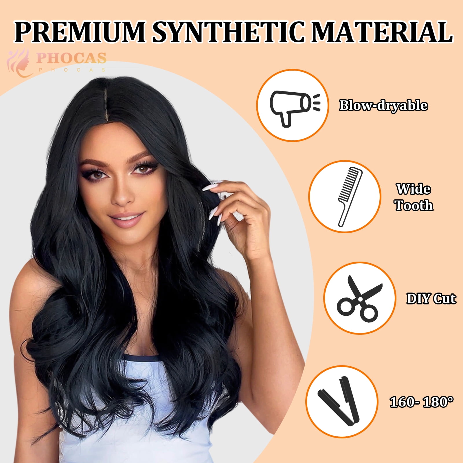 Phocas 24" Long Deep Wave Wig No Bangs Black - Glueless Synthetic Wavy Wig for Women with Natural Hairline - Heat Resistant Daily Wear