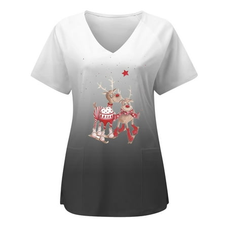 

Christmas Shirts for Women Funny Xmas Reindeer Snowman Print Regular Fit Short Sleeve Sweatshirt Vintge Fall Outfits Pullover Scrub Tops with Pockets