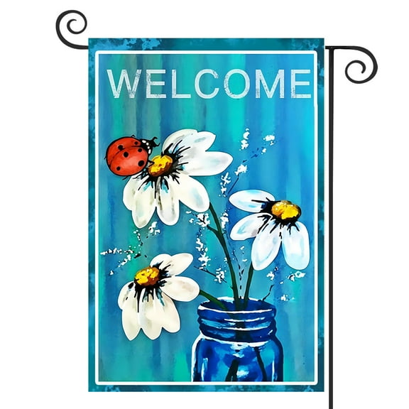 DMERBYL Double Sided Premium Garden Flag, Spring Summer Daisy Jar and Ladybug Welcome Decorative Garden Flags - Weather Resistant & Double Stitched - 18 x 12.5 Inch