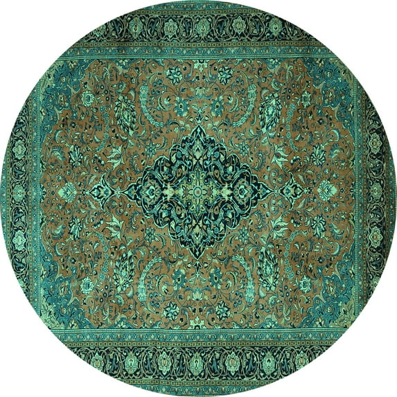Ahgly Company Machine Washable Indoor Round Medallion Turquoise Blue Traditional Area Rugs, 4' Round