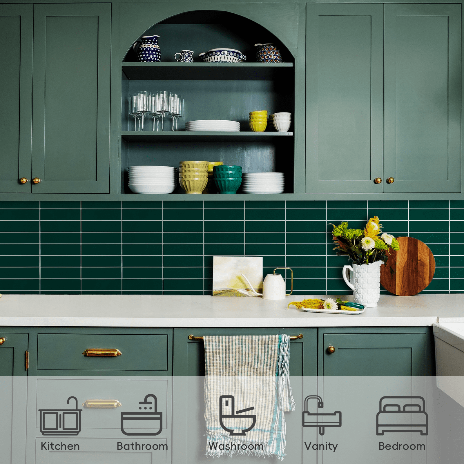 Green Peel and Stick Backsplash Tiles, 12" x 12" Self Adhesive Peel and Stick Wall Tiles for Kitchen Bathroom