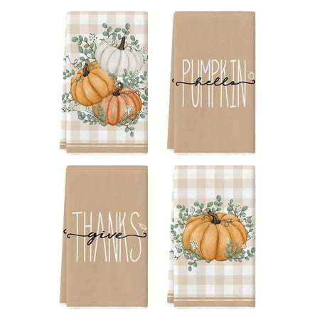 

Artoid Mode Orange Eucalyptus Leaves Hello Pumpkin Fall Kitchen Towels Dish Towels 18x26 Inch Farmhouse Give Thanks Decoration Hand Towels Set of 4 C49
