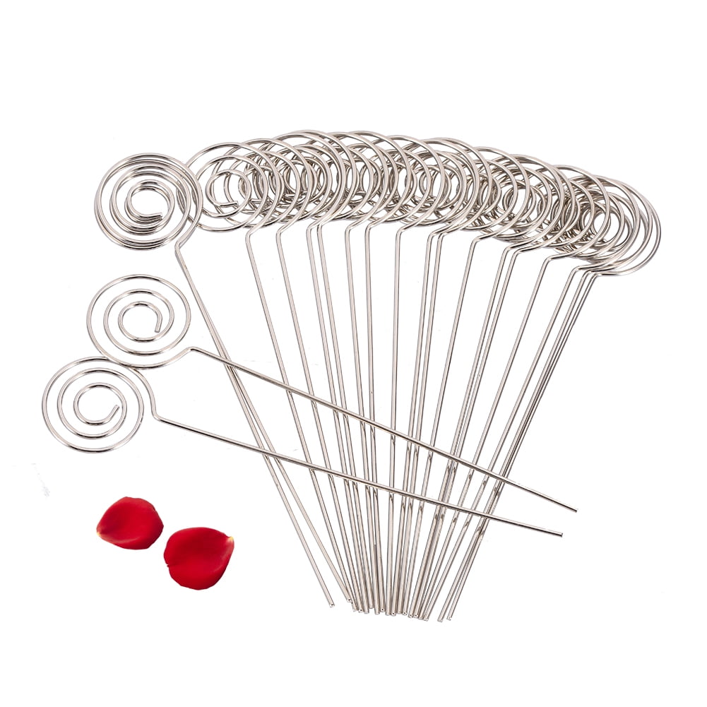 50/Pack Place Card Holder Pick,Ring Loop Swirl Wire Clip Photo Metal Clamp For DIY Craft & Gift Making,Note Memo Holder(Silver)
