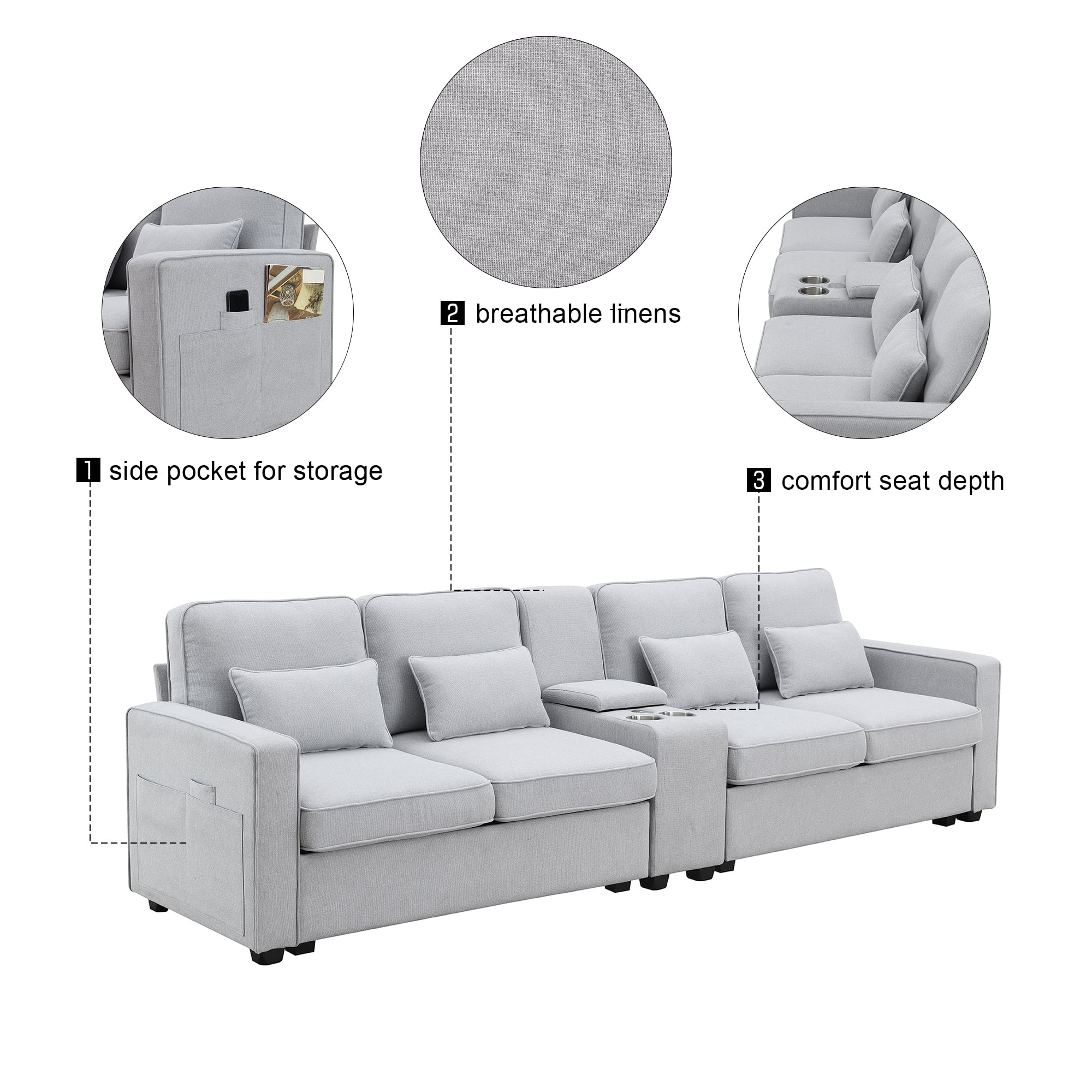 Upholstered Sectional Sofa with Console,114.2inch Modern 4 Seater Sofa Fabric Sofa with 4 Pillows and 2 Cup Holders and 2 USB Ports for Living Room, Apartment, Office,Light Gray