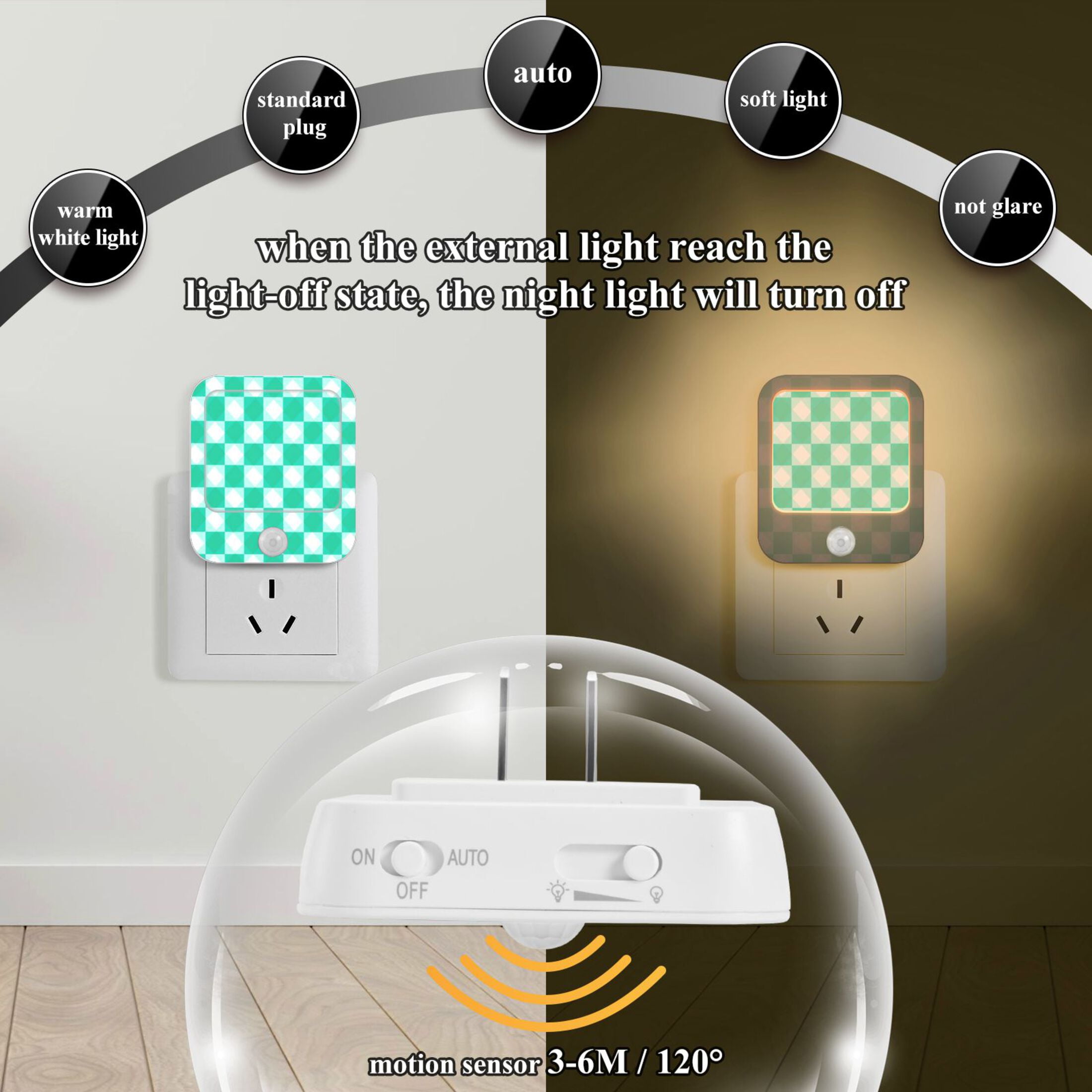 2 Pack LED Sensor Night Light Motion 3 Modes for Stairway Bedroom Living Room Emerald Green Squares