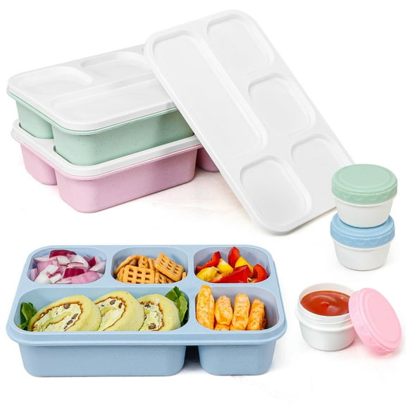 Caperci 3 Pack Snack Box Container -1300ml Snackle Box Container, 5 Compartment Bento Box with 3 Sauce Containers, Dishwasher Safe, Virgin PP White Lid Wheat Straw (Light Color)
