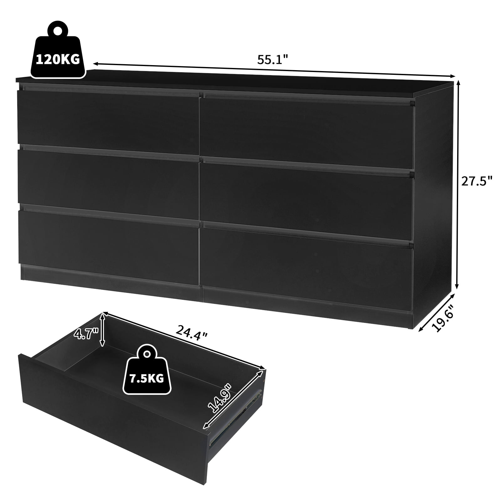 6-Drawer Double Dresser Spacious Storage Easy Assembly With Anti-Toppling Accessories For Bedroom Living Room Entryway​ Black