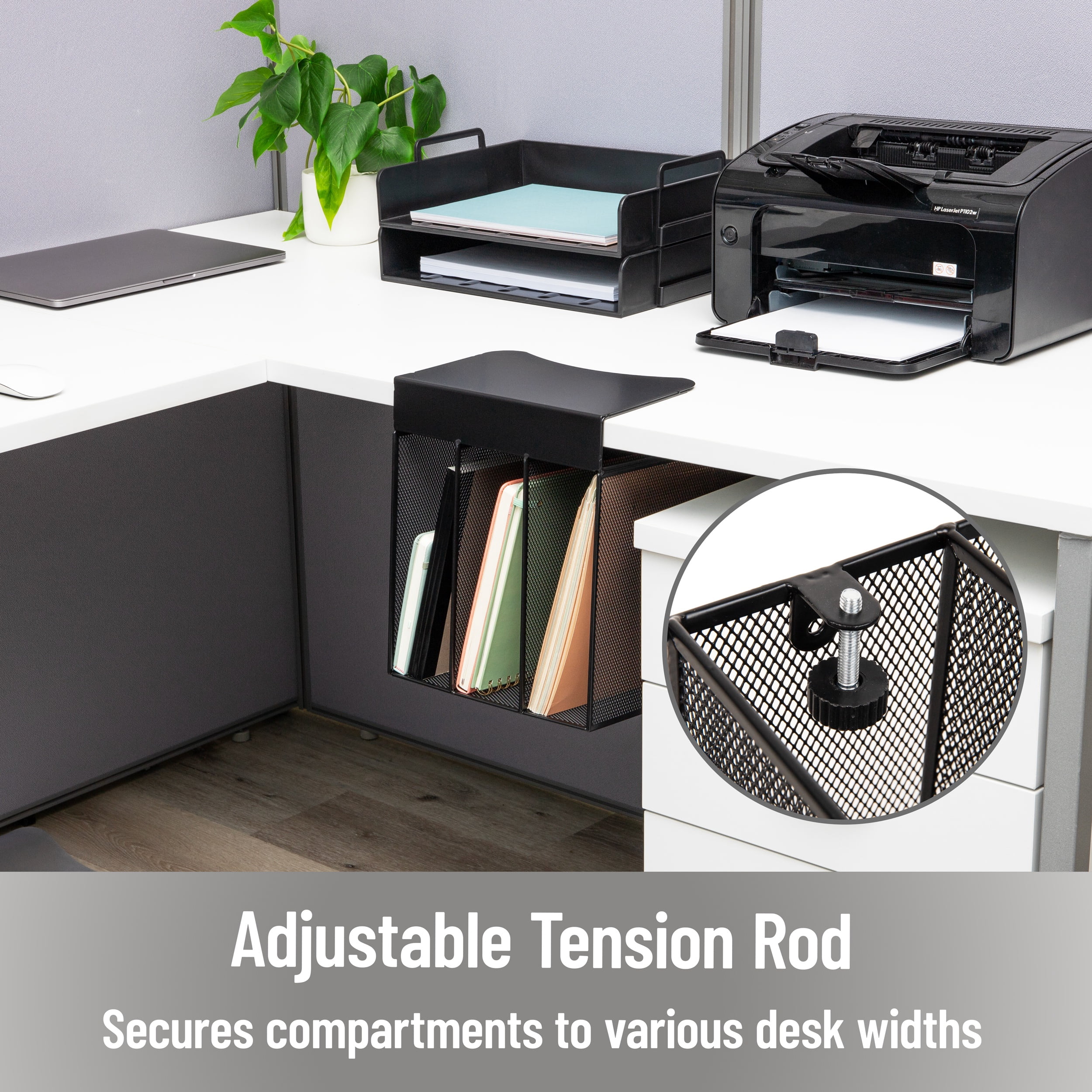 Mind Reader Slide-On Under Desk File Organizer, No Tools Required, Hanging Storage for Laptops, Folders, and Notebooks, Metal, Black