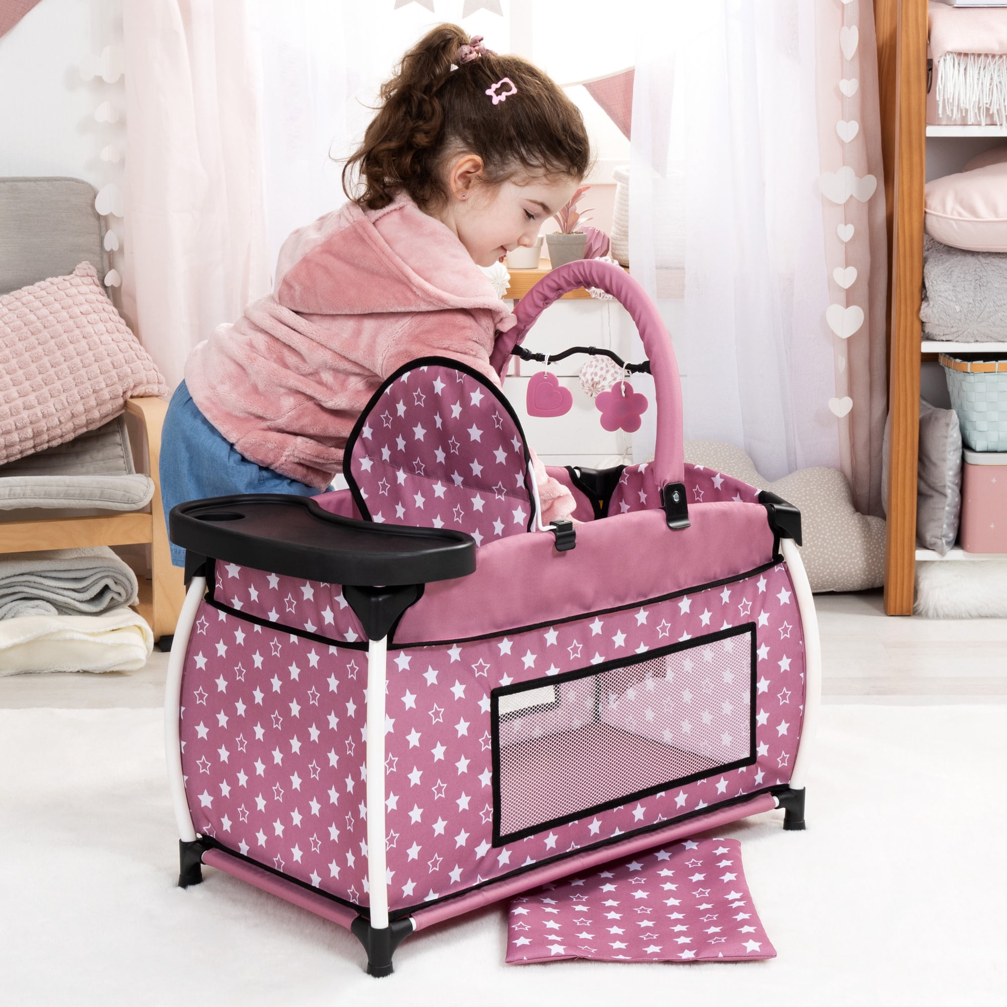 Bayer Design: Doll Multi-Bed - Pink & White Stars - Sleep Playpen, Built-In Feeding Highchair, Pillow-Blanket, Toy Care Center Fits 18" Dolls, Kids 3+
