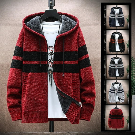 Miluxas Men's Zip Up Hoodies Casual Long Sleeve Full Zipper Sherpa Fleece Lined Knit Cardigan Sweater Jacket with Pockets Wine