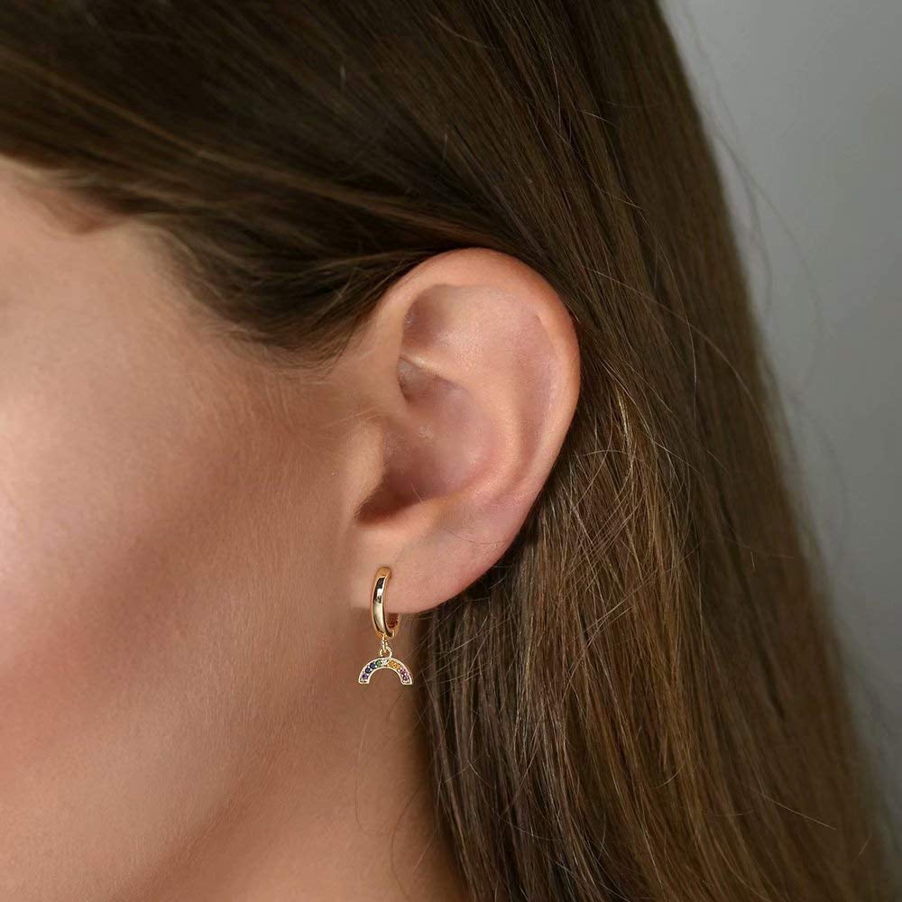 Turandoss Rainbow Huggie Hoop Earrings for Women 14K Gold Plated Dainty Colorful Cubic Zirconia Dangle Hypoallergenic Jewelry Gifts for Women Girls