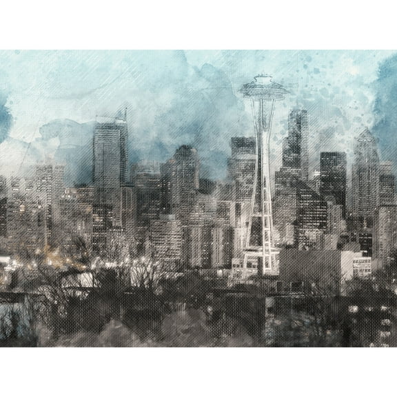 Seattle City Skyline Illustration Large Wall Art Print