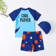 thumbnail image 3 of Rggeeun Baby Boys Swimsuit Set 2Pc Cartoon Cool Dinosaur Pattern Short Sleeve Crew Neck Top & Elastic Waist Wide Leg Swim Trunks for Summer Holiday Beach Versatile Swim Wear,Blue,5-6 Years, 3 of 4