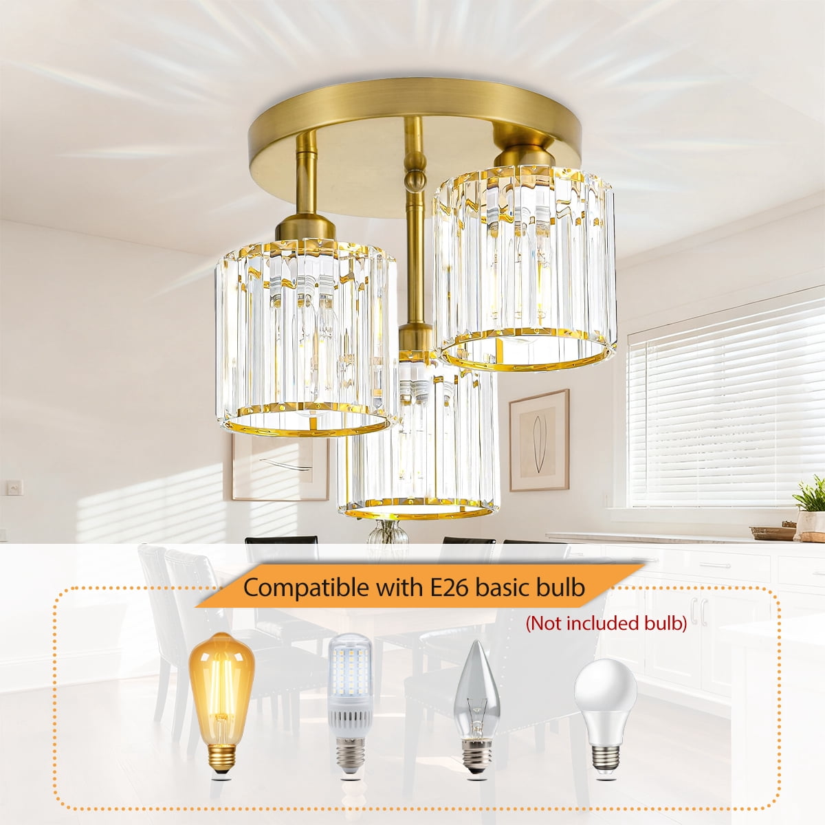 Crystal Semi Flush Mount Ceiling Light, 3-Light Close to Ceiling Light Fixtures, Modern Light Fixtures with Clear Crystal Shade, for Hallway Foyer Entryway Bedroom Kitchen, Gold