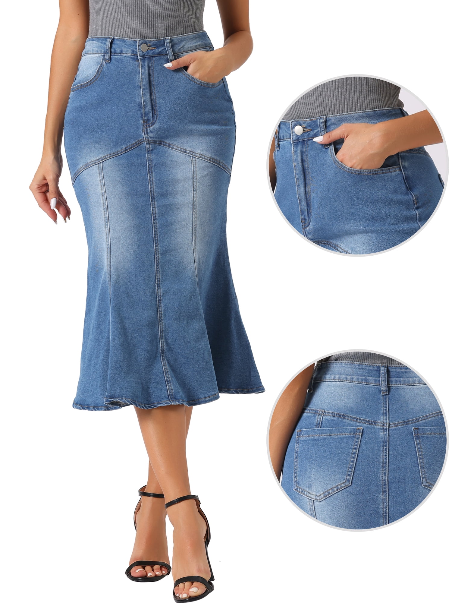 DARING DIVA Fishtail Denim Skirt Women's Washed Midi Jean Bodycon Skirt M Sky Blue