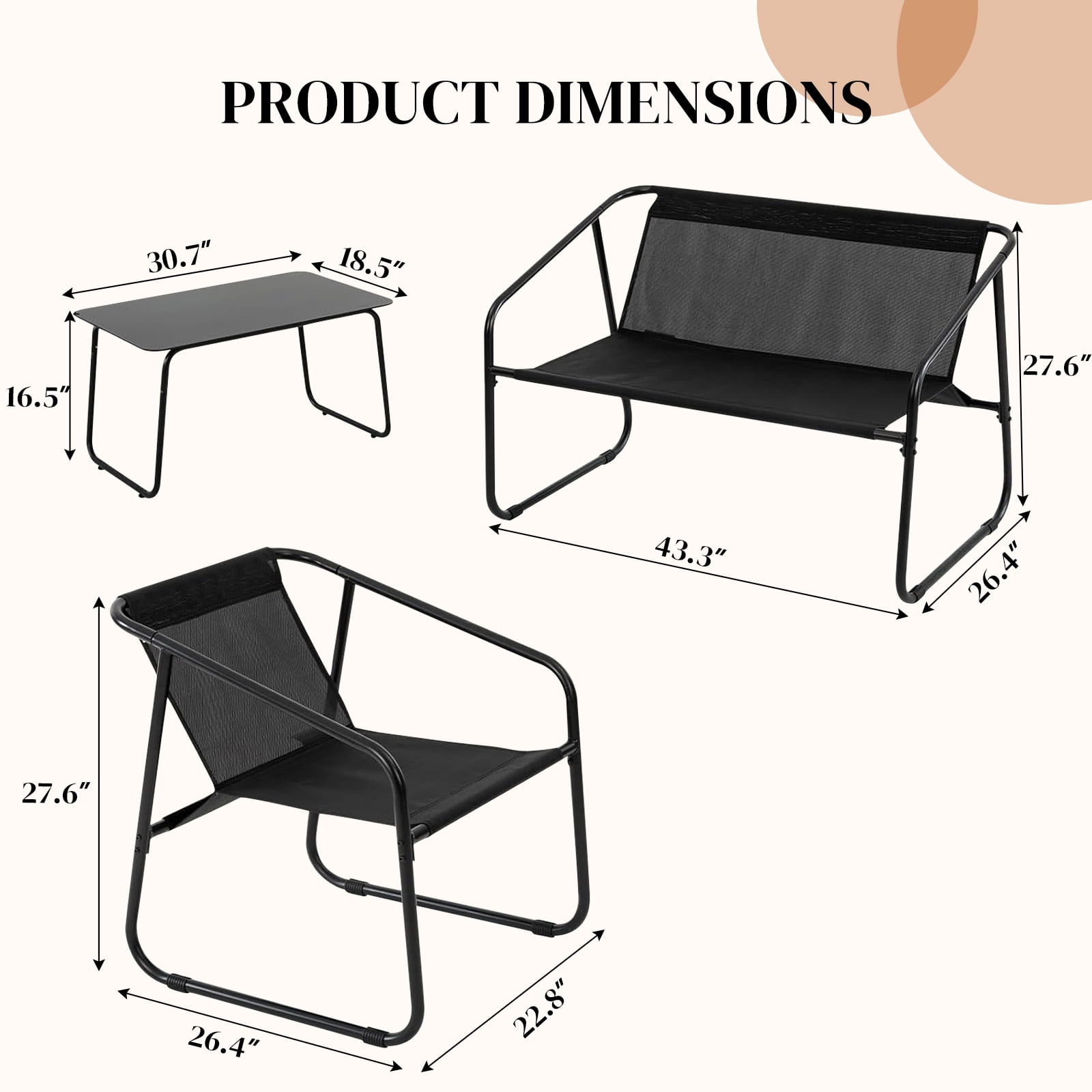 Simenmax 4-Piece Patio Furniture Set, Outdoor Bistro Conversation Set with Tempered Glass Coffee Table for Garden, Poolside, Balcony, Black