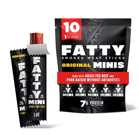 FATTY Mini Meat Sticks, Made with Grass Fed Beef, Pork Raised Without Antibiotics, 7g Protein Per Stick, Original Minis, 1 oz. Sna