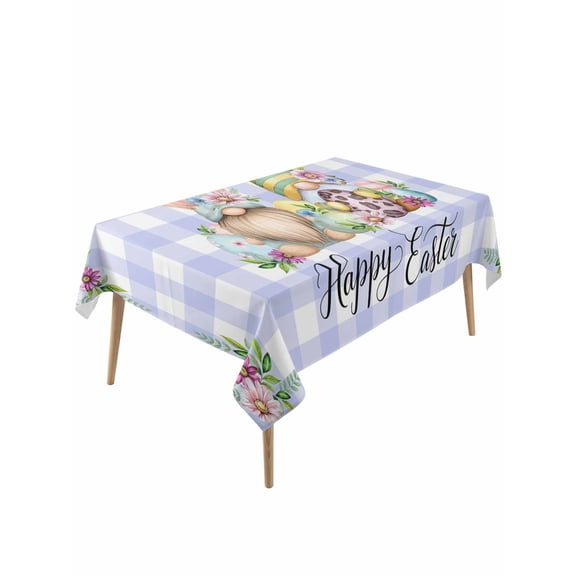 Easter Rectangle Tablecloth, Watercolor Gnomes Eggs Daisy Flower Light Purple Plaid Waterproof & StainResistant Tablecloth, Washable Oil-proof Table Cover for Dining/Party/Wedding/Buffet 54x108 In