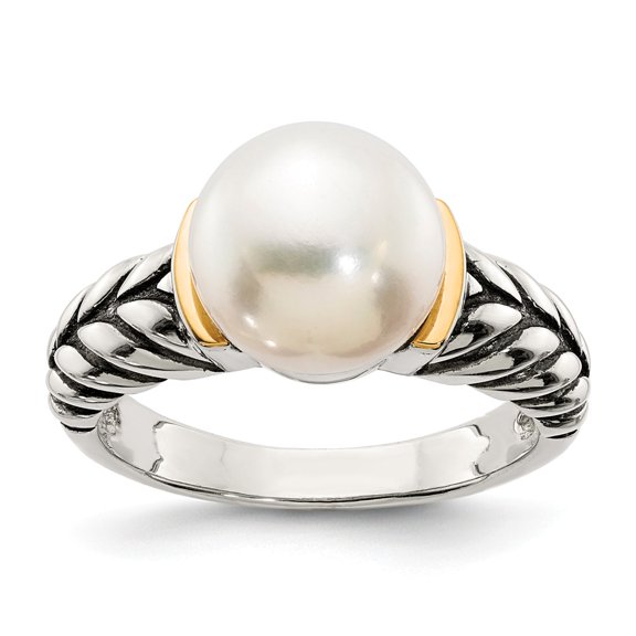 14K Two-Tone Gold Ring Band Pearl Yellow Freshwater Round White