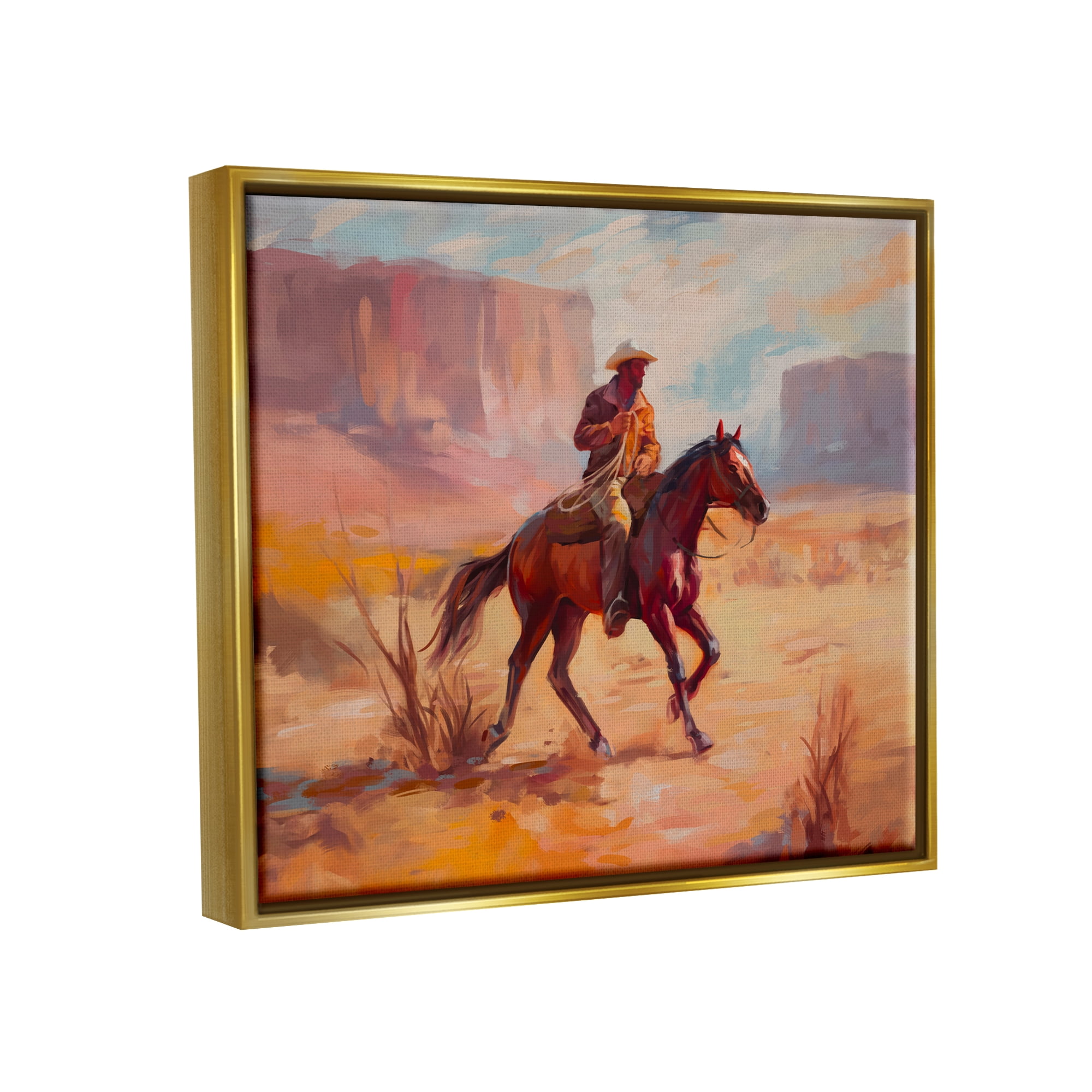 Stupell Industries Cowboy Riding Desert Landscape Animals & Insects Painting Gold Floater Framed Art Print Wall Art