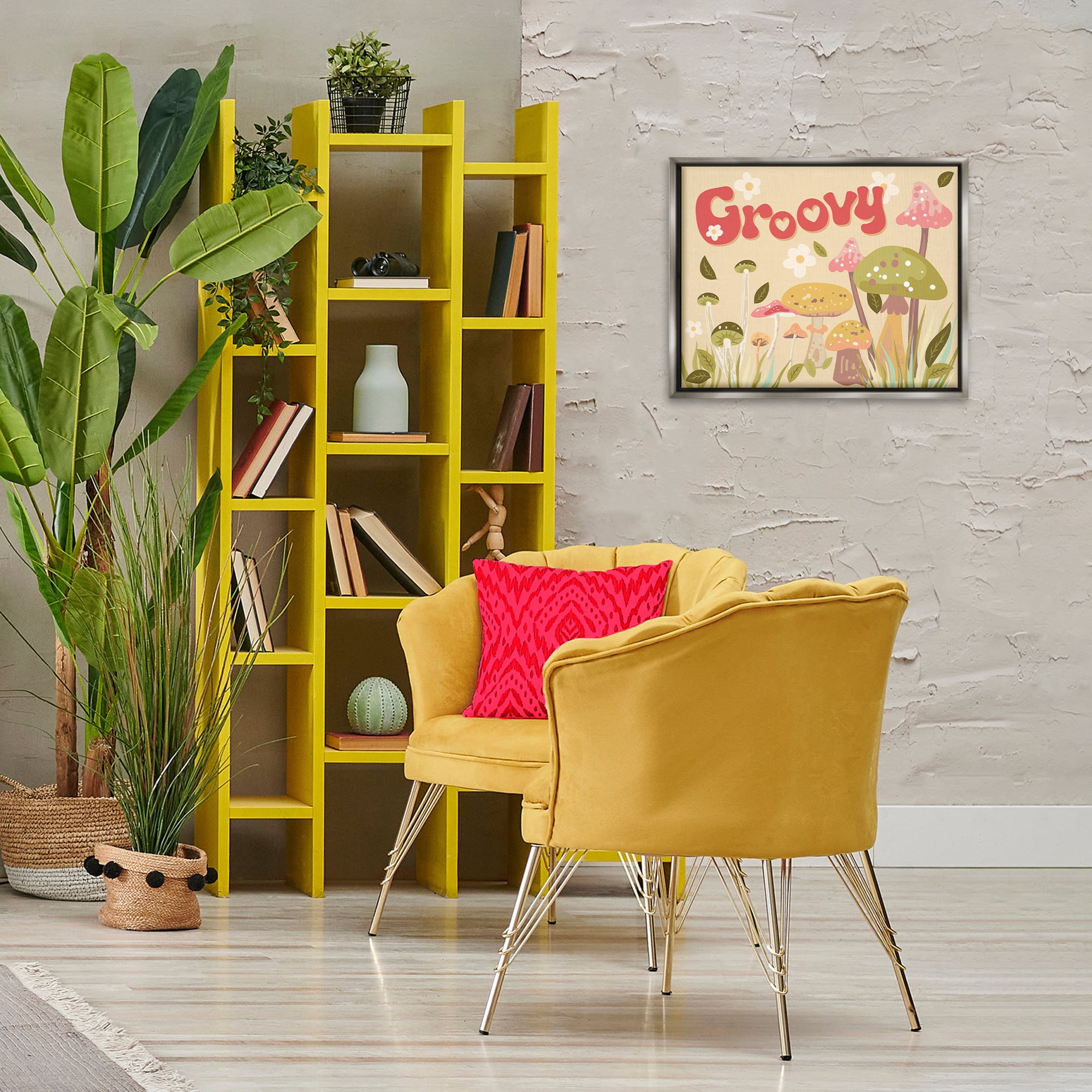 Stupell Industries Groovy Botanical Mushrooms Botanical & Floral Painting Gray Floater Framed Art Print Wall Art, 21 x 17