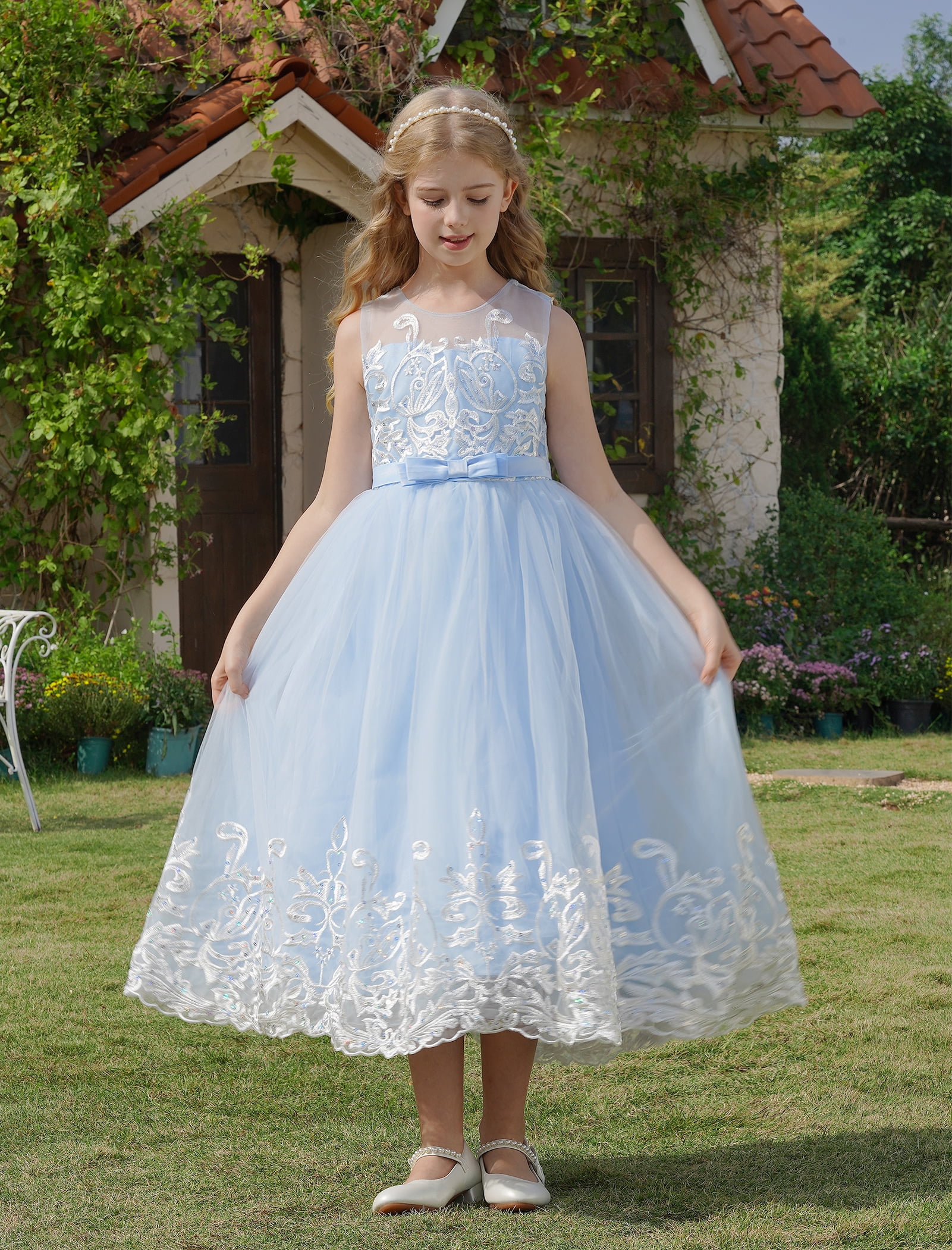IBTOM CASTLE Flower Girl Lace Dress for Kids Wedding Bridesmaid Pageant  Party Formal Long Maxi Gown Princess Communion Tulle Bow Dresses 5-6 Years  Blue - Walmart Business Supplies