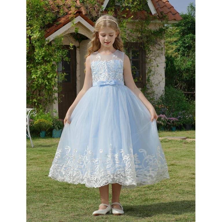 IBTOM CASTLE Flower Girl Lace Dress for Kids Wedding Bridesmaid Pageant  Party Formal Long Maxi Gown Princess Communion Tulle Bow Dresses 6-7 Years 