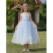 IBTOM CASTLE Flower Girl Lace Dress for Kids Wedding Bridesmaid Pageant Party Formal Long Maxi Gown Princess Communion Tulle Bow Dresses 9-10 Years Blue