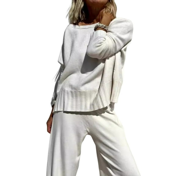 2 Pcs/Set Women Top Pants Suit Round Neck Long Sleeves Knitted Solid Color Sweatshirt Elastic Waist Trousers Daily Wear Sport Outfit Fall Spring Tracksuit